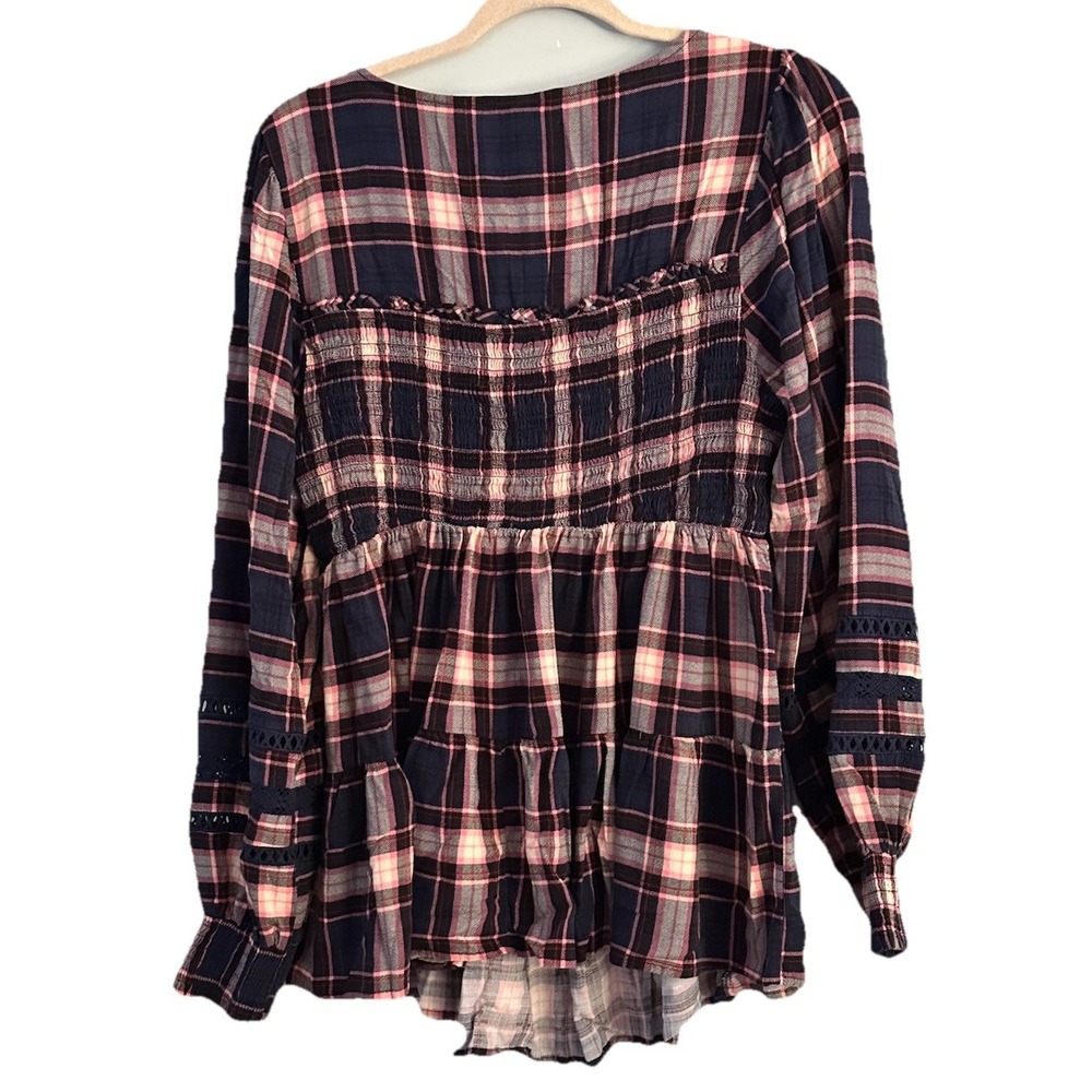 Torrid Babydoll Rayon Slub With Lace Inset Smocked Tiered Top Blue Plaid Large - Picture 4 of 11